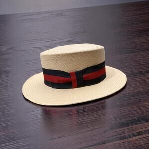 Panama Straw Hat Hand Woven Ecuador Large Boater Fedora Red Black Band Summer